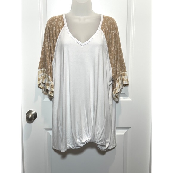 Cato Tops - Cato 18 20 White Paisley Print Raglan Sleeve Ruffle Hem Tunic Top